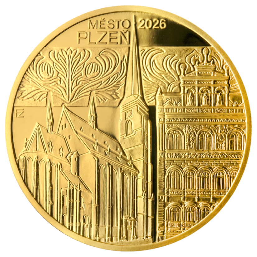 5000 Kč zlatá mince MPR Plzeň, proof, rubová strana mince, 2026