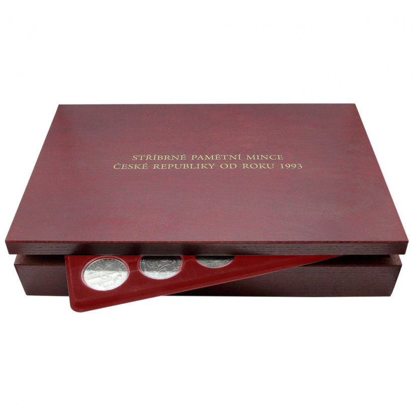 Luxusní dřevěná kazeta na stříbrné mince ČNB od roku 1993 červený samet