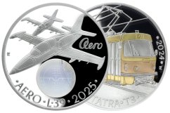 Sada stříbrných 500 Kč mincí letoun L-39 Albatros 2025 a tramvaj Tatra T3 2024 proof