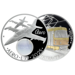 Sada stříbrných 500 Kč mincí letoun L-39 Albatros 2025 a tramvaj Tatra T3 2024 proof