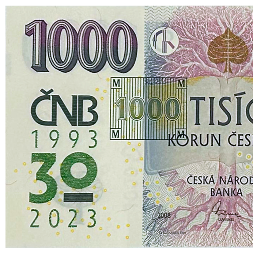 Oběžná bankovka 1000 Kč vzor 2008,  s přítiskem 30. výročí ČNB a české měny, detail přítisku