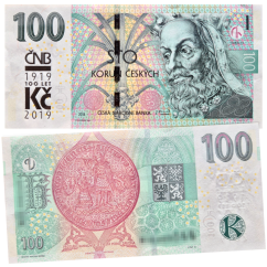 Oběžná bankovka 100 Kč vzor 2018 s přítiskem 100. výročí měnové odluky