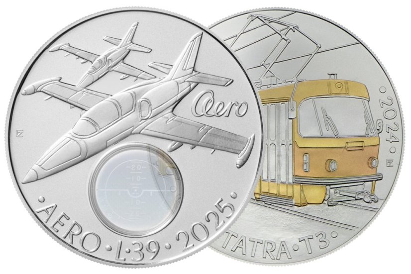 Sada stříbrných 500 Kč mincí letoun L-39 Albatros 2025 a tramvaj Tatra T3 2024 standard