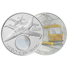 Sada stříbrných 500 Kč mincí letoun L-39 Albatros 2025 a tramvaj Tatra T3 2024 standard