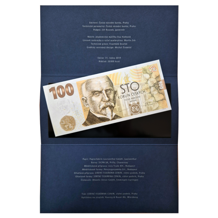 Pamětní bankovka 100 Kč 2019 Budování československé měny I - Alois Rašín - přebal