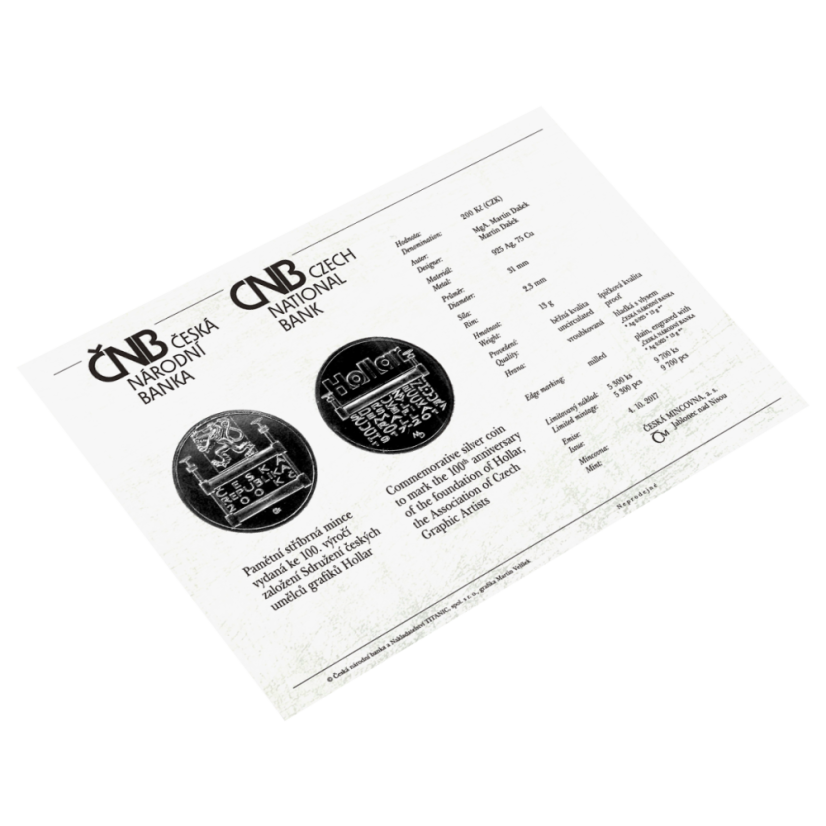 Založení Sdružení českých umělců a grafiků Hollar 100. výročí, 200 Kč, ČNB 2017, katalogová karta
