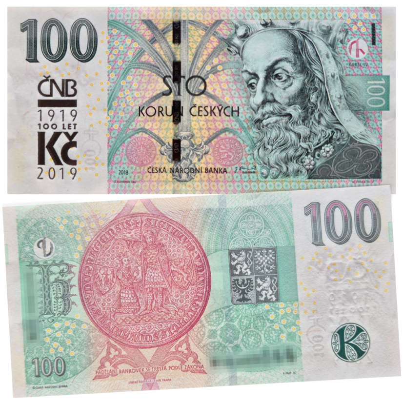 Oběžná bankovka nominální hodnoty 100 Kč – vzor 2018 s přítiskem 100. výročí měnové odluky
