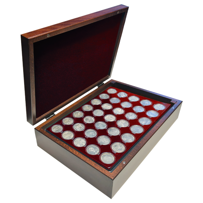 Luxusní dřevěná kazeta na stříbrné mince ČNB od roku 1993 červený samet