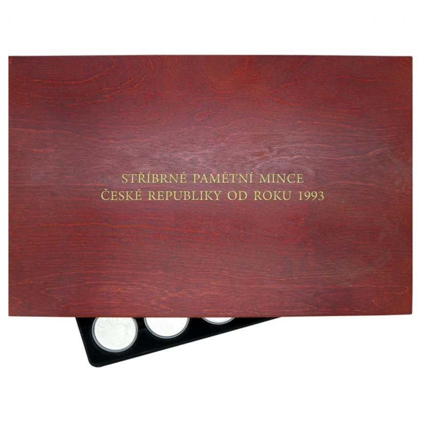 Luxusní dřevěná kazeta na stříbrné mince ČNB od roku 1993 černý samet
