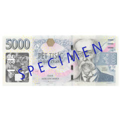 Oběžná bankovka 5000 Kč vzor 2023 s přítiskem 100. výročí zahájení činnosti Národní banky Československé