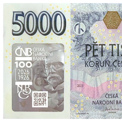 Oběžná bankovka 5000 Kč vzor 2023 s přítiskem 100. výročí zahájení činnosti Národní banky Československé