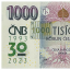 Oběžná bankovka 1000 Kč vzor 2008, s přítiskem 30. výročí ČNB a české měny, detail přítisku Oběžná bankovka 1000 Kč vzor 2008, s přítiskem 30. výročí ČNB a české měny, detail přítisku