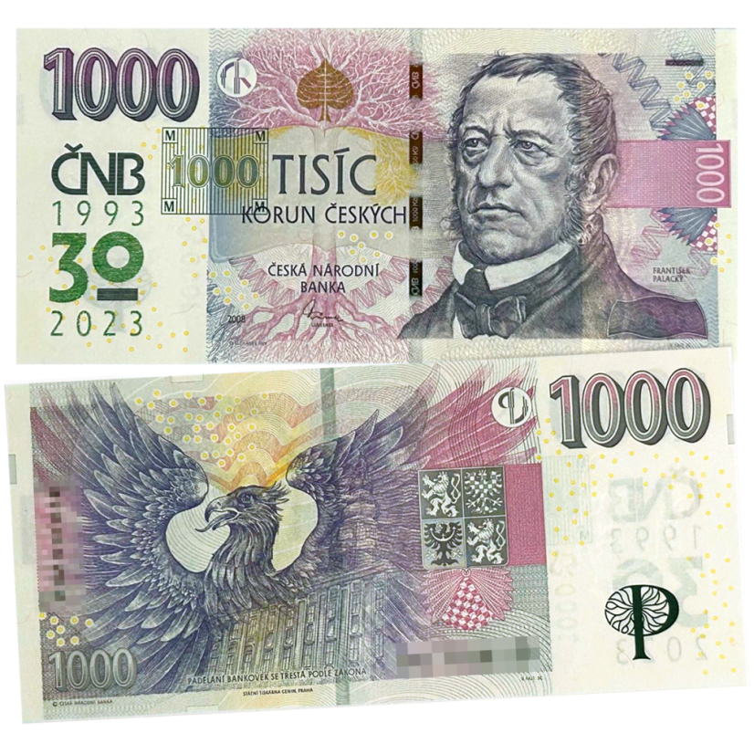 Oběžná bankovka 1000 Kč vzor 2008 s přítiskem 30. výročí ČNB a české měny
