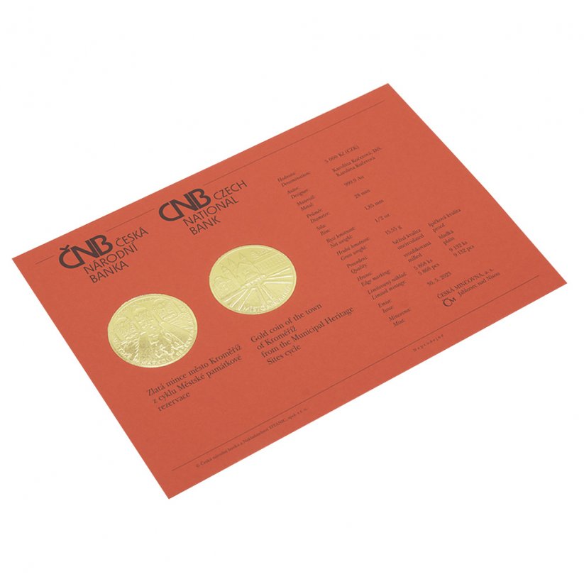 Zlatá pamětní mince Kroměříž - katalogová karta (certifikát ČNB)