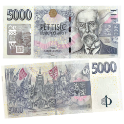 Oběžná bankovka 5000 Kč vzor 2023 s přítiskem 100. výročí zahájení činnosti Národní banky Československé