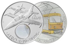 Sada stříbrných 500 Kč mincí letoun L-39 Albatros 2025 a tramvaj Tatra T3 2024 standard