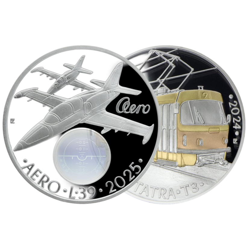 Sada stříbrných 500 Kč mincí letoun L-39 Albatros 2025 a tramvaj Tatra T3 2024 proof