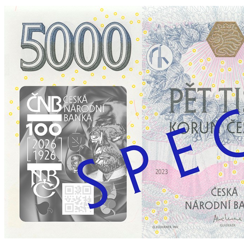 SPECIMEN oběžné bankovky 5000 Kč vzor 2023 s přítiskem 100. výročí zahájení činnosti Národní banky Československé , detail přítisku