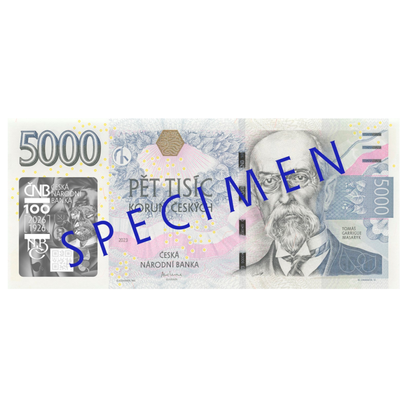 SPECIMEN oběžné bankovky 5000 Kč vzor 2023 s přítiskem 100. výročí zahájení činnosti Národní banky Československé , lícní strana